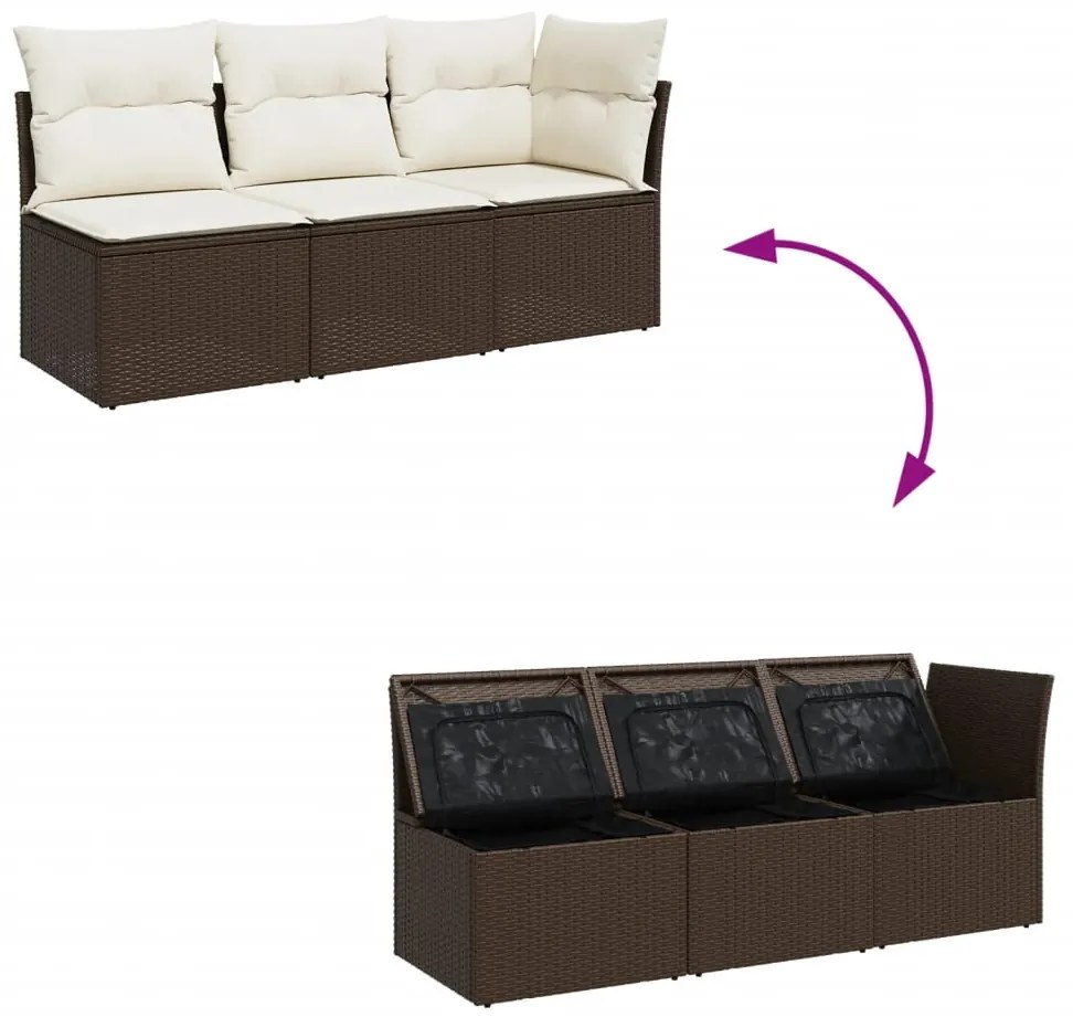 Sofá de jardim com almofadões 3 lugares vime PE castanho