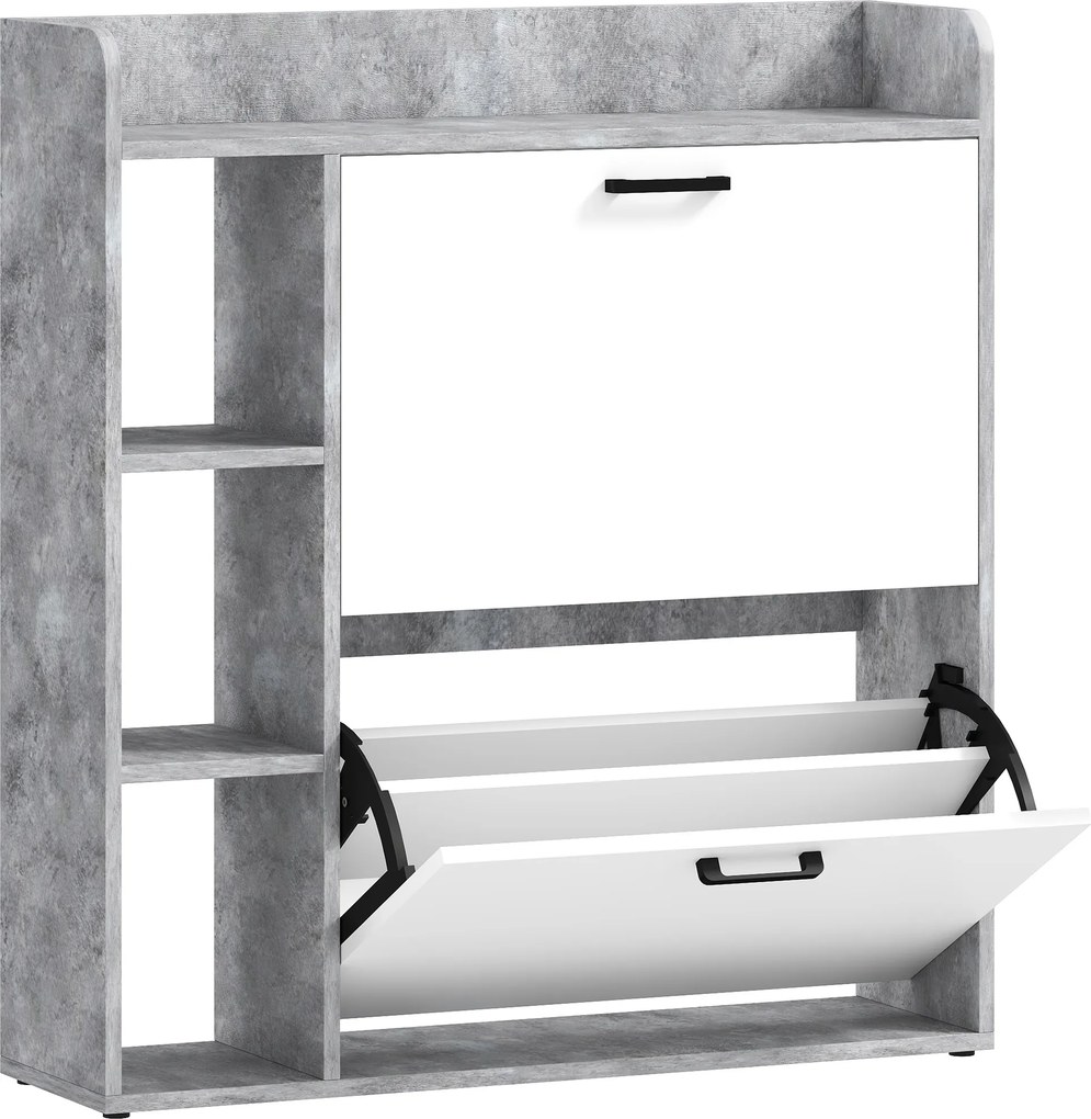 HOMCOM Sapateira 15 pares, armário de sapatos moderno com 2 gavetas basculantes, 83x24x90,5cm, branco e cinza | Aosom Portugal