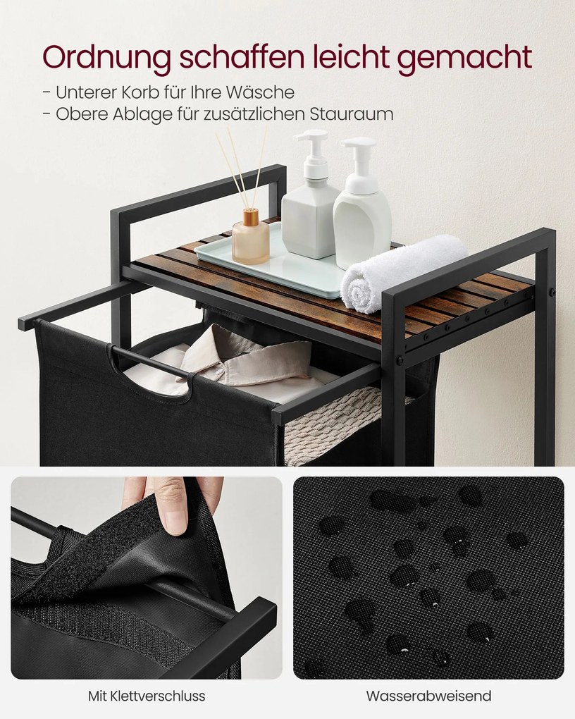 Cesto de roupa suja 65 litros com prateleira castanho vintage-preto