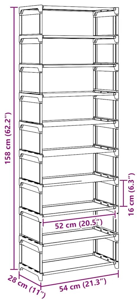 Sapateira 10 camadas 54x28x158 cm tecido não tecido cinzento