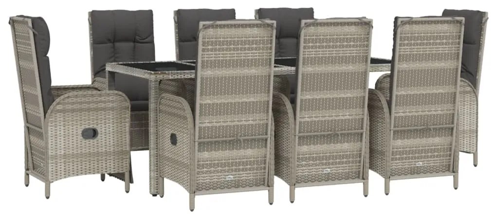 9 pcs conjunto de jantar p/ jardim c/ almofadões vime PE cinza