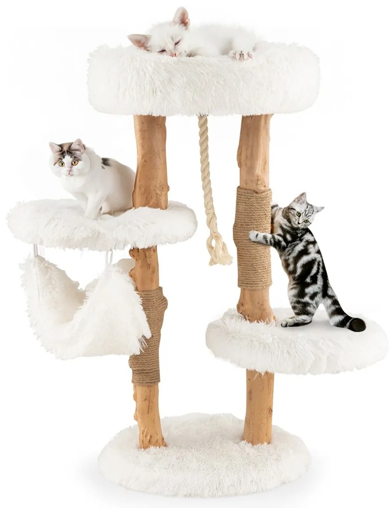 Arranhador para gatos em madeira maciça com postes de sisal Rede de dormir Corda de sisal Pendurada Corda de sisal 41 x 41 x 87 cm Natural e branco