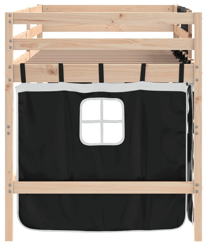 Cama alta criança c/ cortina 80x200cm pinho maciço branco/preto