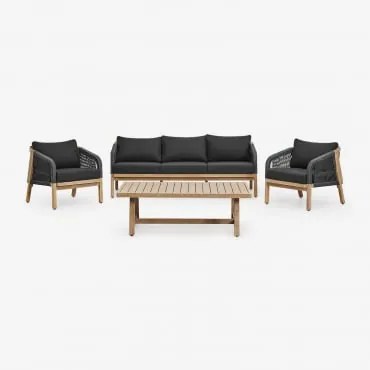 Conjunto De Jardim Com Sofá De 3 Lugares, 2 Poltronas E Mesa De Centro Em Madeira De Acácia Dubai Cinza Grafito & Castanho Acácia Rústico - Sklum