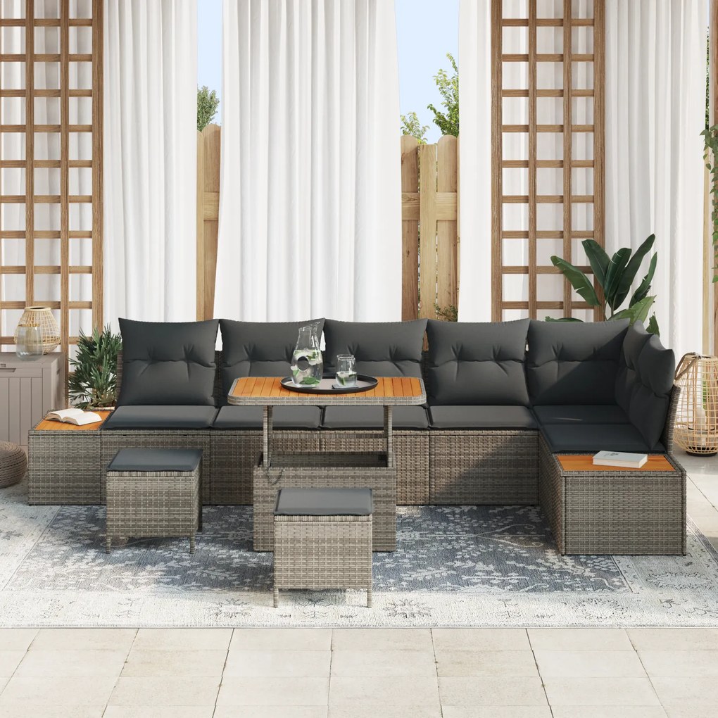 Conjunto de Sofás de Jardim vidaXL de 9 Peças com Almofadas Cinza em R