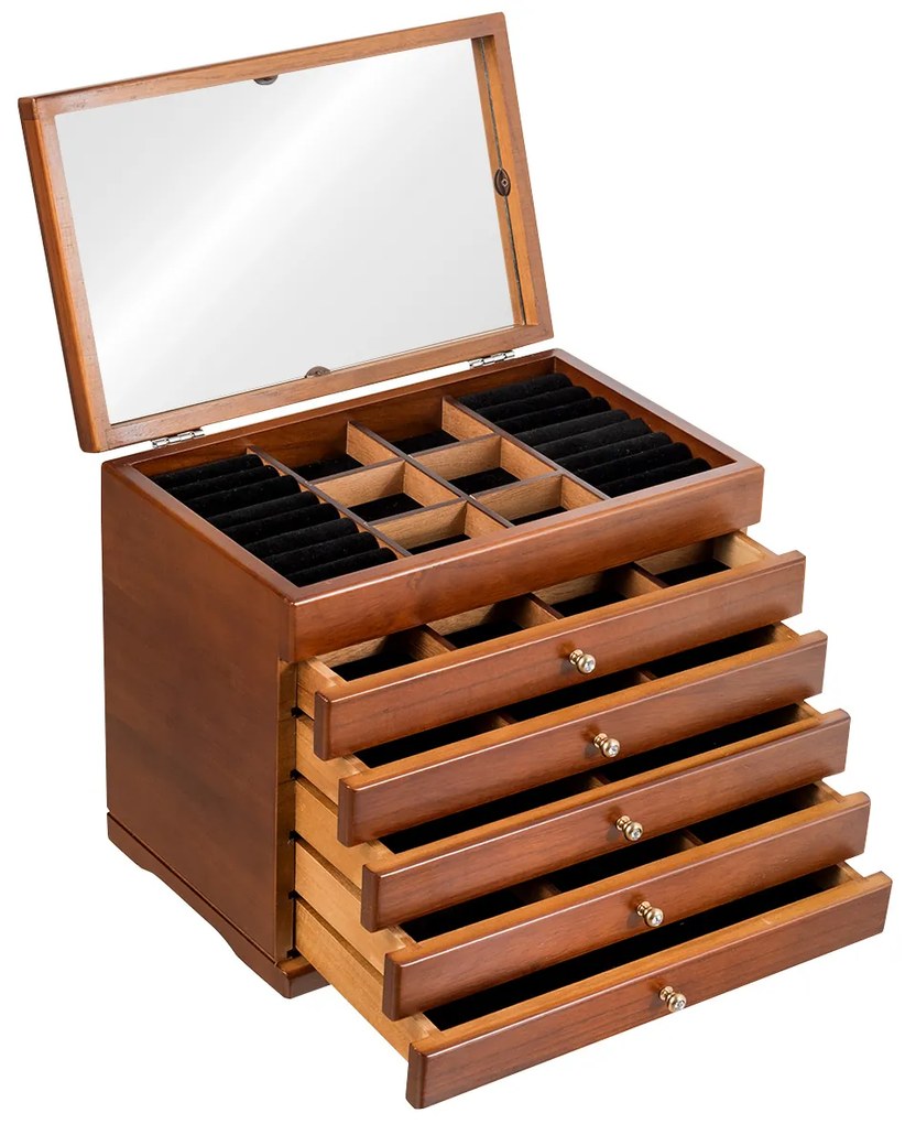 Caixa de Joias com Espelho Organizador de Jóias 6 Gavetas para Colares de Brincos Pulseiras 30 x 19 x 25 cm Castanho