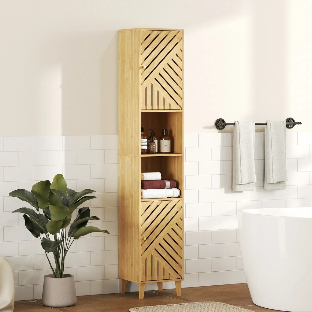 Armário de casa de banho, móvel de arrumação em coluna, portas em bambu, prateleiras ajustáveis, 32 x 30 x 170 cm, madeira natural