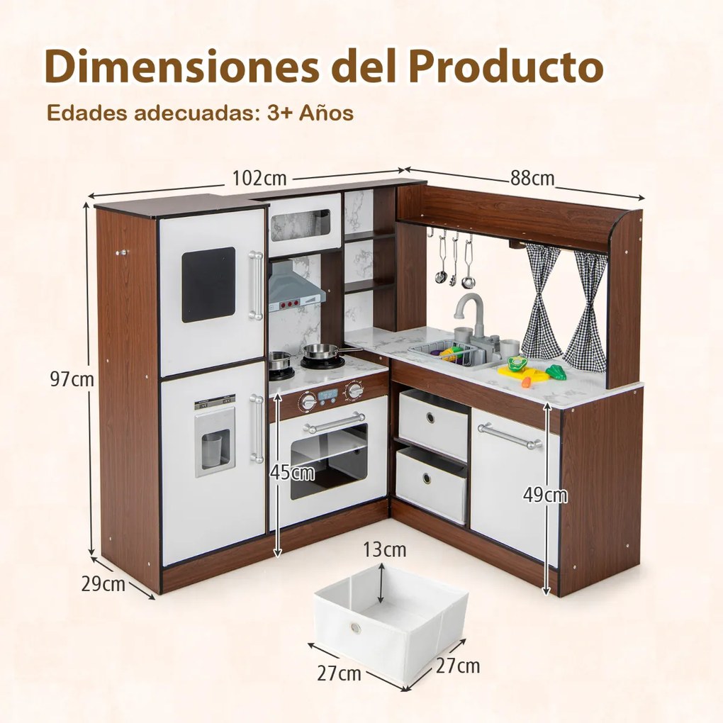 Cozinha de brincar de canto em madeira para crianças com luzes e sons, sistema de circulação de água, cortinas enroláveis e acessórios Castanho