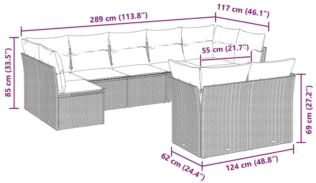 9 pcs conj. sofás jardim com almofadões vime PE cinzento-claro