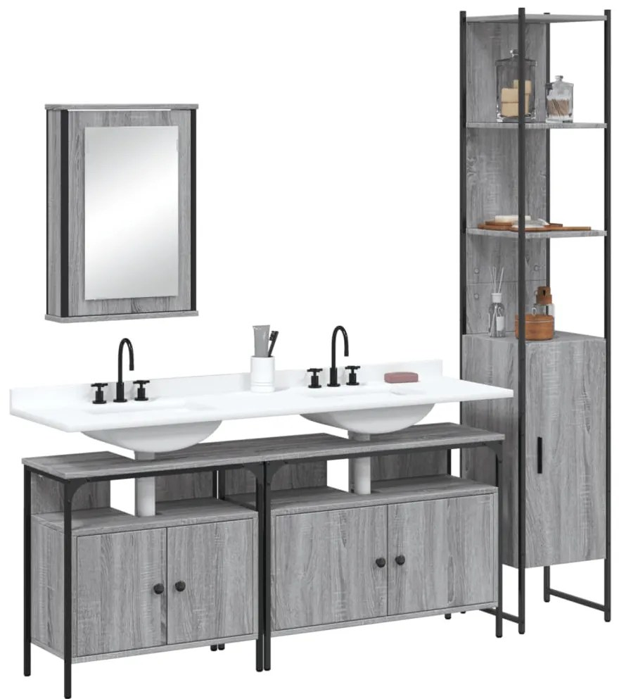 4 pcs Conjunto móveis casa de banho madeira proc. cinza sonoma