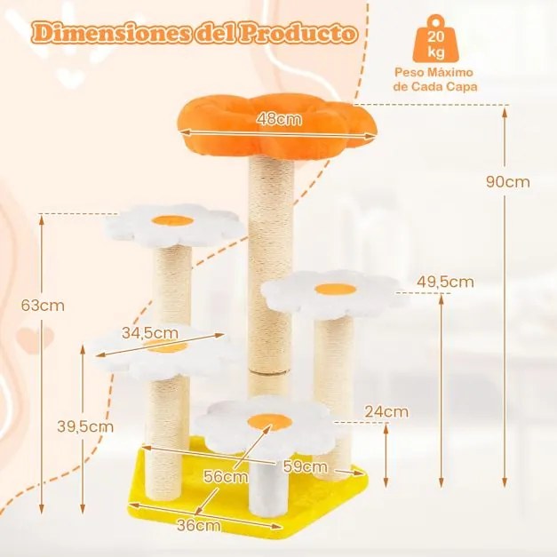 Arranhador para gatos com vários níveis e peluche no topo Poste para arranhar em sisal Plataformas para saltar 59 x 56 x 90 cm Amarelo