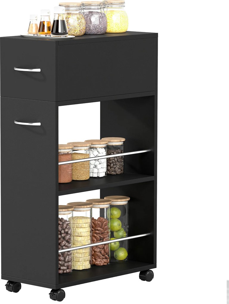 Carrinho de serviço de cozinha com rodas 25 x 50 x 85 cm, 1 gaveta e 2 prateleiras abertas para sala de jantar, preto