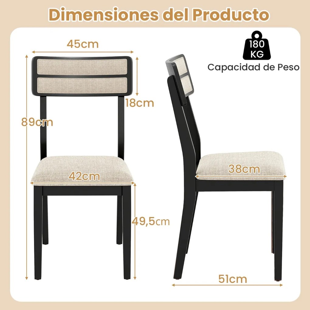 Conjunto de 2 cadeiras de jantar com assento almofadado (MESA NÃO INCLUÍDA), encosto alto almofadado, almofadas antiderrapantes preto
