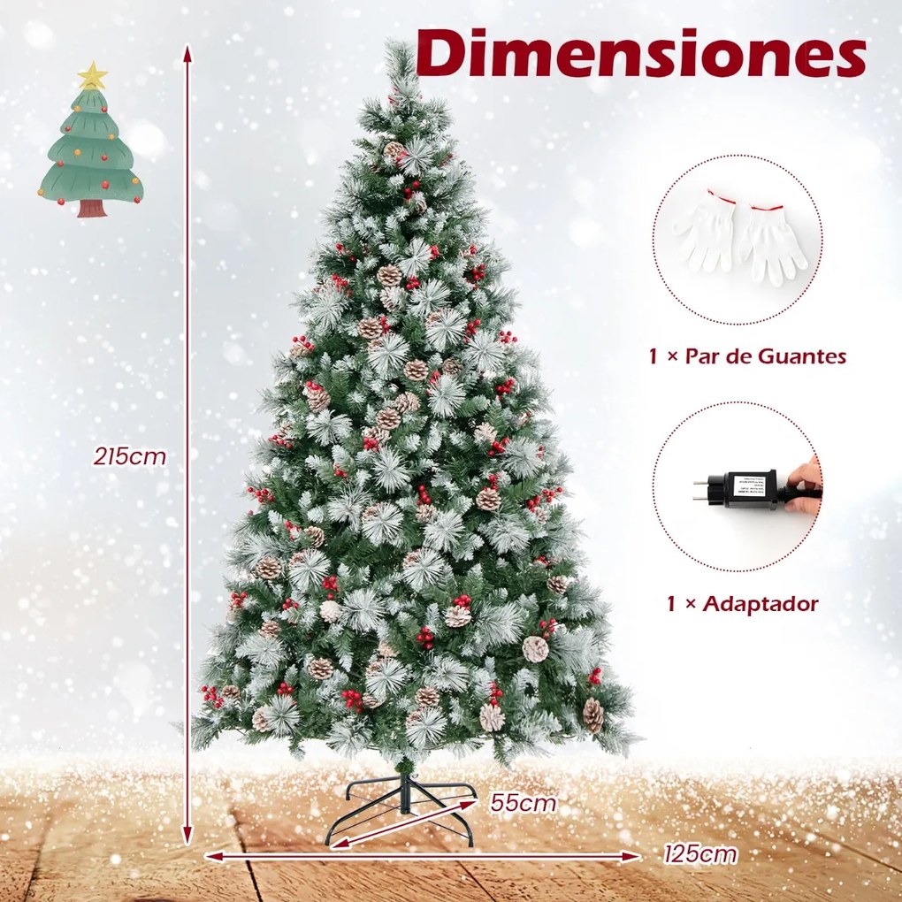 Árvore de Natal pré-iluminada de 215 cm com 747 pontas de ramos, 350 luzes LED, 55 pinhas e 55 bagas vermelhas