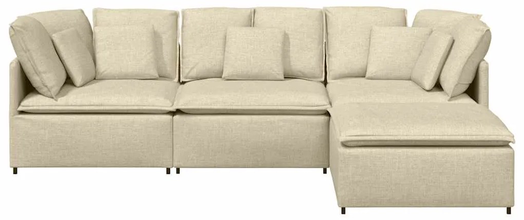 Sofá modular com pufes e almofadas tecido creme