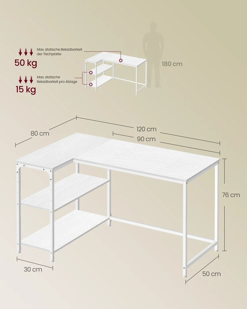 Secretária de canto 120 x 80 cm, em forma de L com prateleira regulável em altura, branco