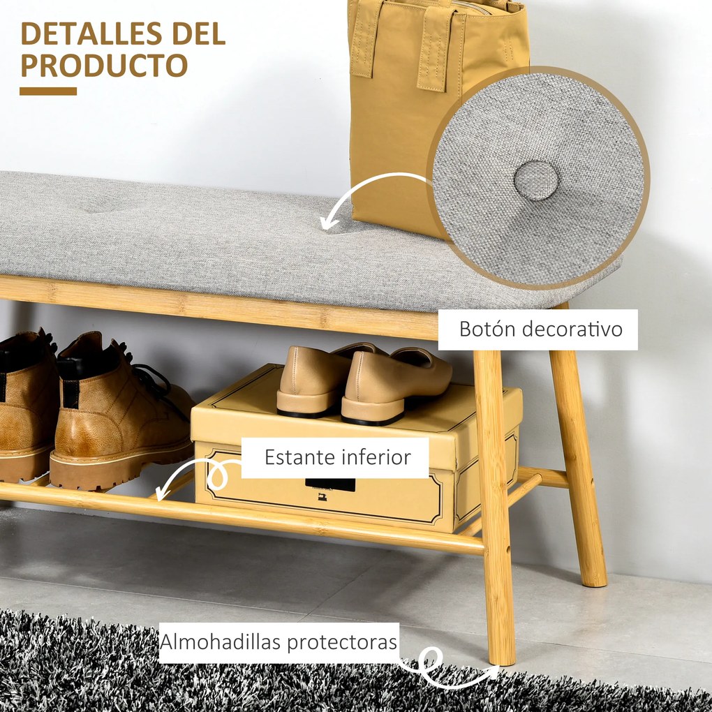 HOMCOM Banco Sapateiro Moderno Móvel de Entrada de Bambú com Assento Acolchoado e Prateleira para Sapatos Entrada Corredor 90x34x44cm Cor Natural e Cinza