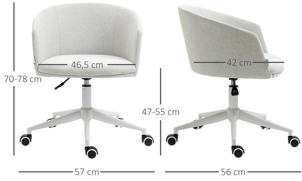 Cadeira de Escritório Giratória com Tecido de Linho Sintético Cadeira de Escritório Ergonómica com Altura Ajustável Apoio para os Braços e Assento Acolchoado Carga 120kg 57x56x70-78cm Cinza
