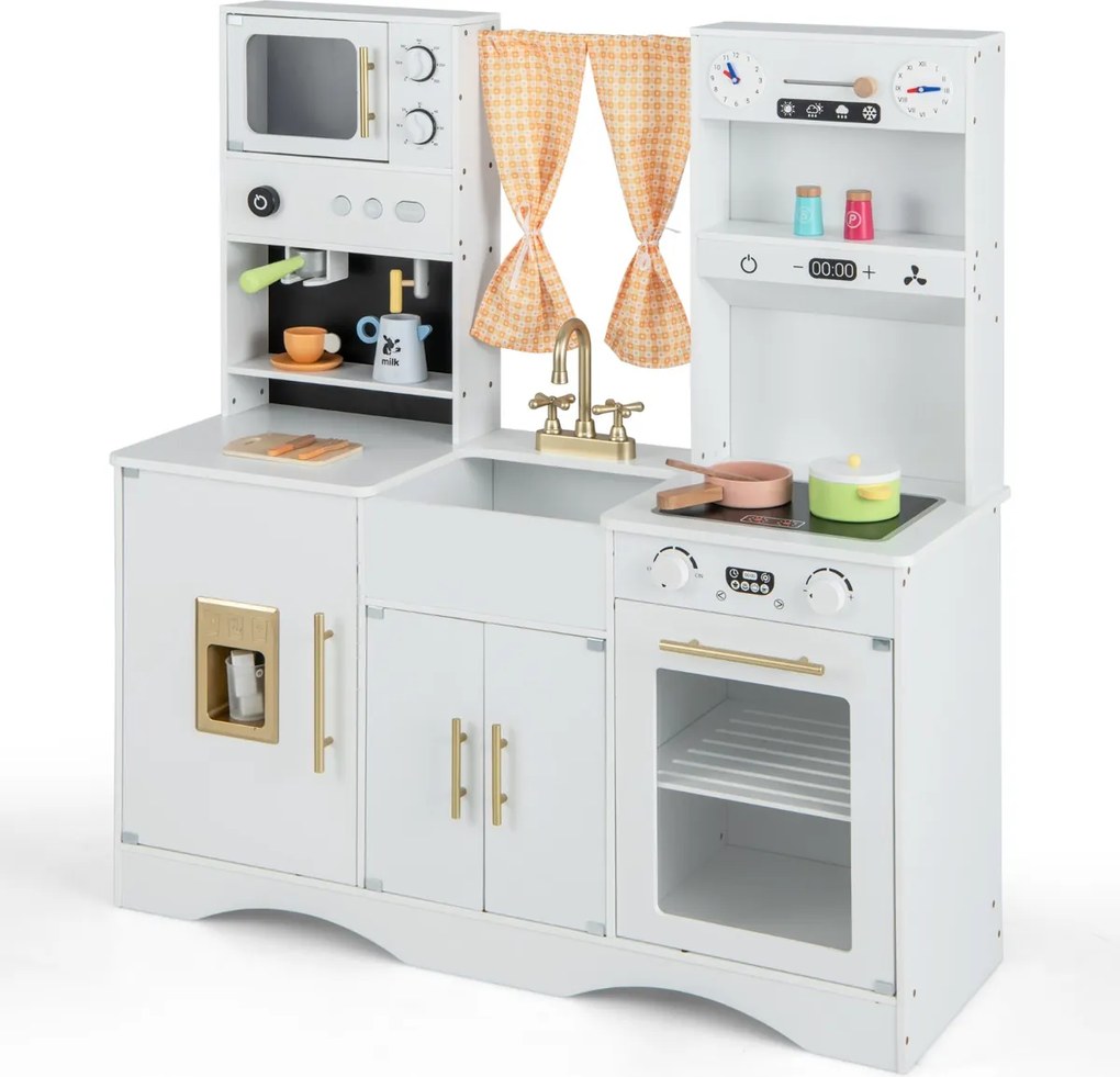 Cozinha de madeira para crianças de 3 anos com micro-ondas, máquina de café, máquina de gelo, lava-loiça, relógios, forno e acessórios Branca