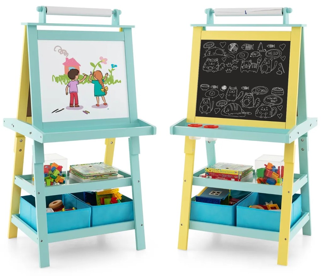 Cavalete infantil de dupla face 3 em 1 com 2 prateleiras 2 caixas e tabuleiro grande 59 x 50 x 117 cm Azul claro