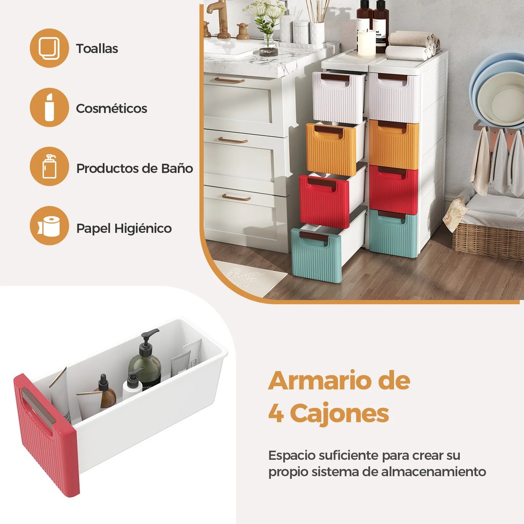 Armário estreito para espaços pequenos com 4 gavetas e rodas integradas 42 x 19 x 74 cm de plástico para casa de banho, sala de aula, escritório ou sa