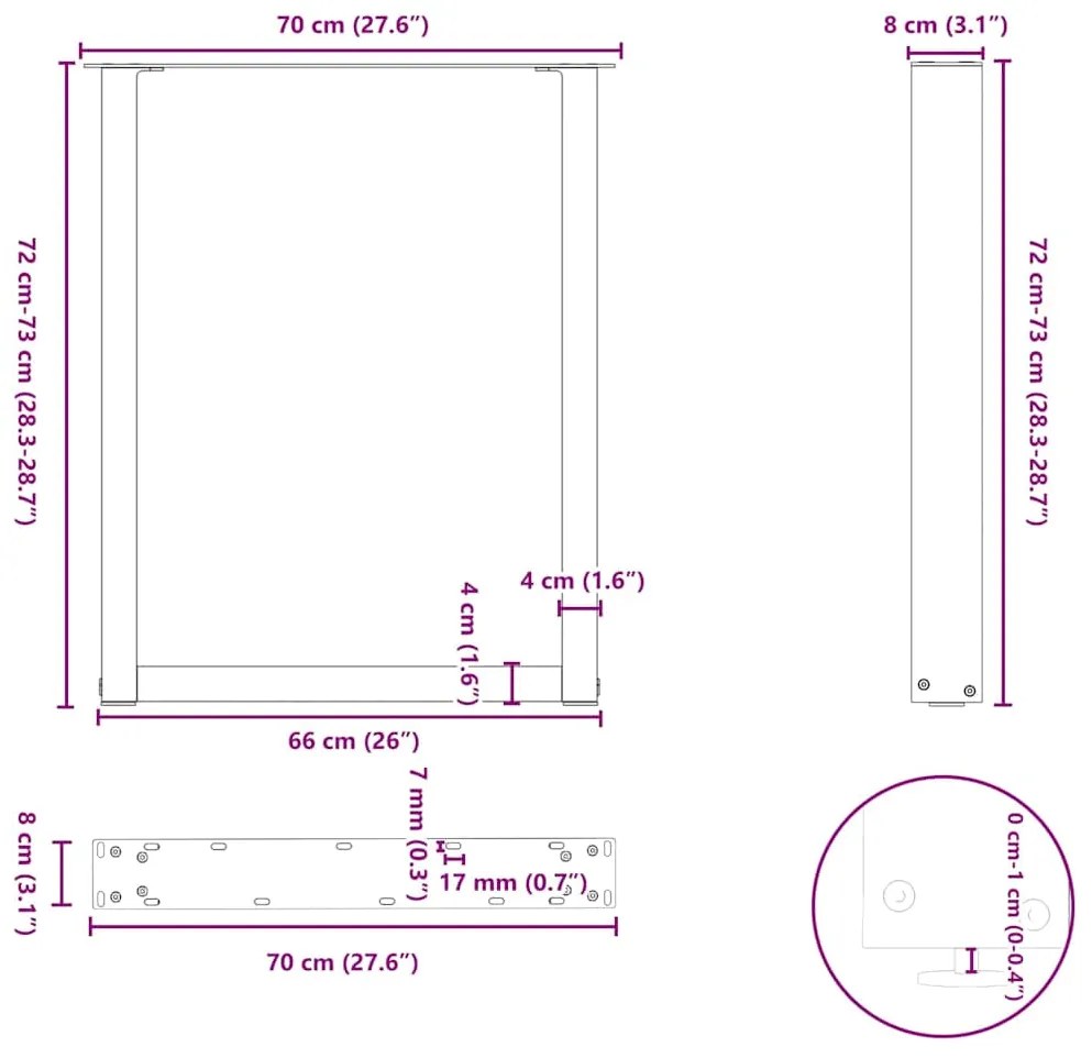 Pés para mesa de jantar em formato de U, 2 peças, aço natural, 70x(72-