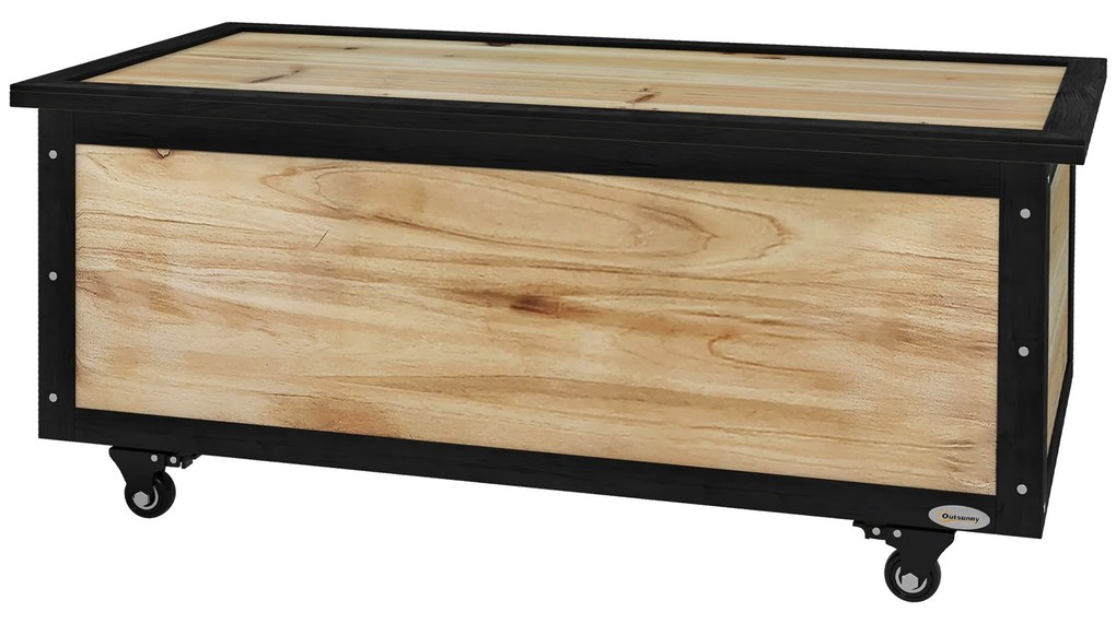 Baú de Exterior 121 L Baú de Armazenamento em Madeira com 4 Rodas para Jardim Pátio Varanda 100x50x43 cm Natural e Preto