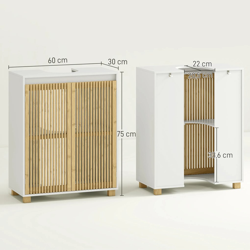 Móvel para lavatório (NÃO INCLUIDO) de casa de banho - armário com portas de ripas de bambu, 60 x 30 x 75 cm, efeito de madeira natural