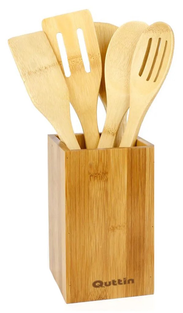 Conjunto 5 Colheres Cozinha Bambu com Suporte