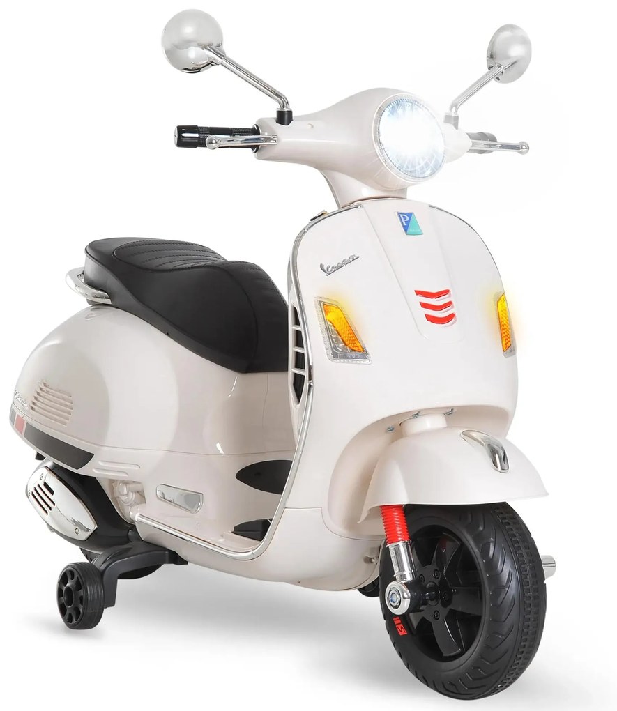 HOMCOM Mota Elétrica para Crianças com Licença Vespa com Música Velocidade 2-3 km/h e Buzina 102x50,5x75,5 cm Branco