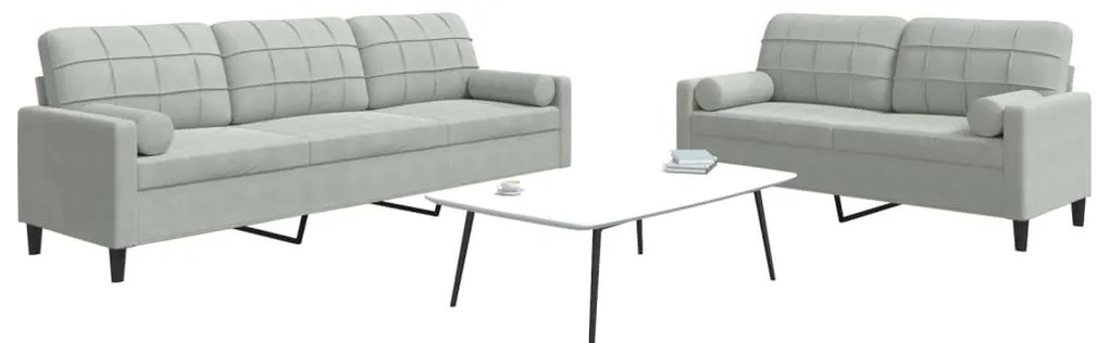 vidaXL 2 pcs conjunto sofás com almofadões e rolos veludo cinza-claro