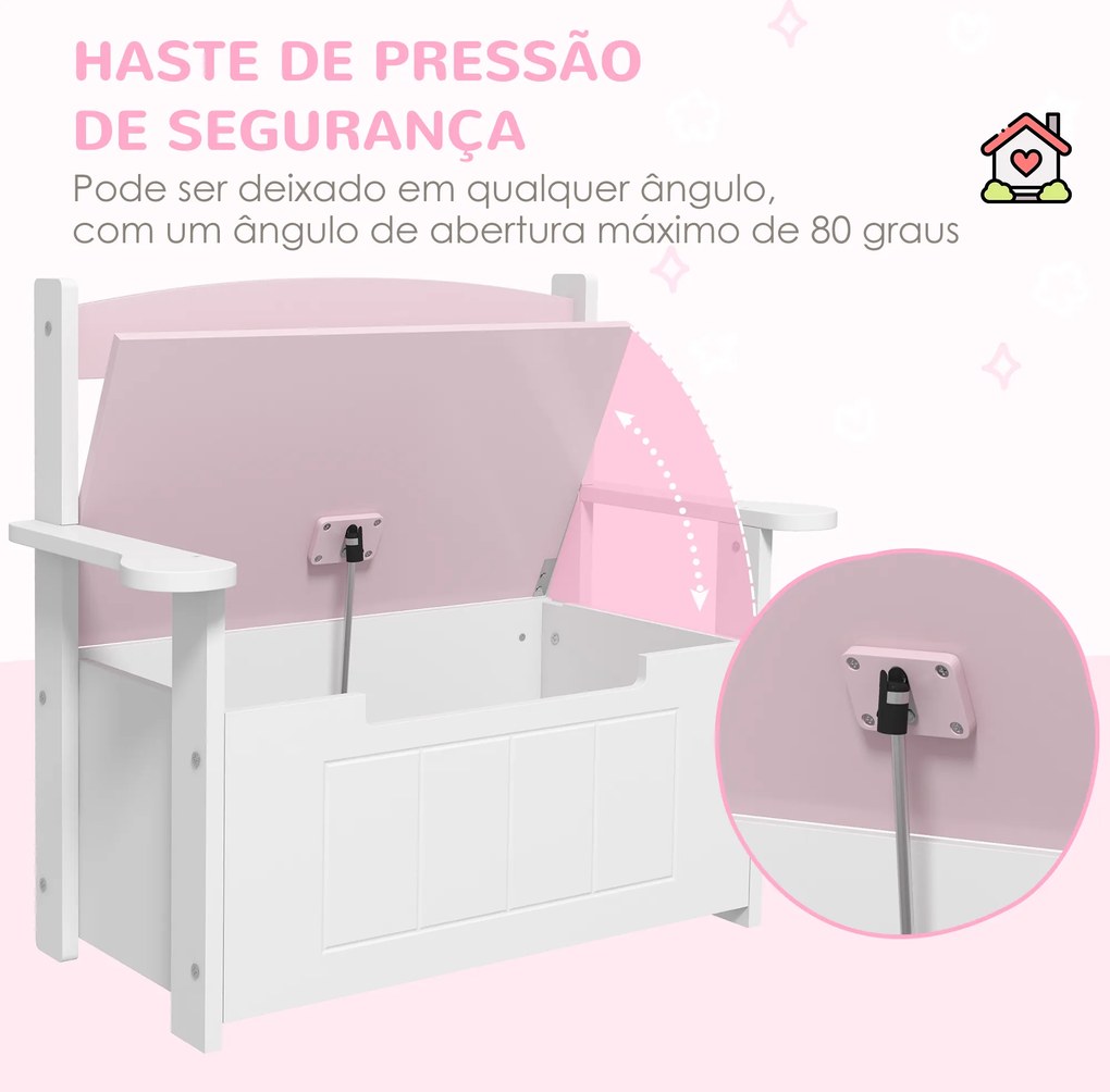 Baú de Brinquedos Infantil Banco de Armazenamento para Crianças com Encosto e Tampa Amortecida 68,5x34x58 cm Rosa e Branco