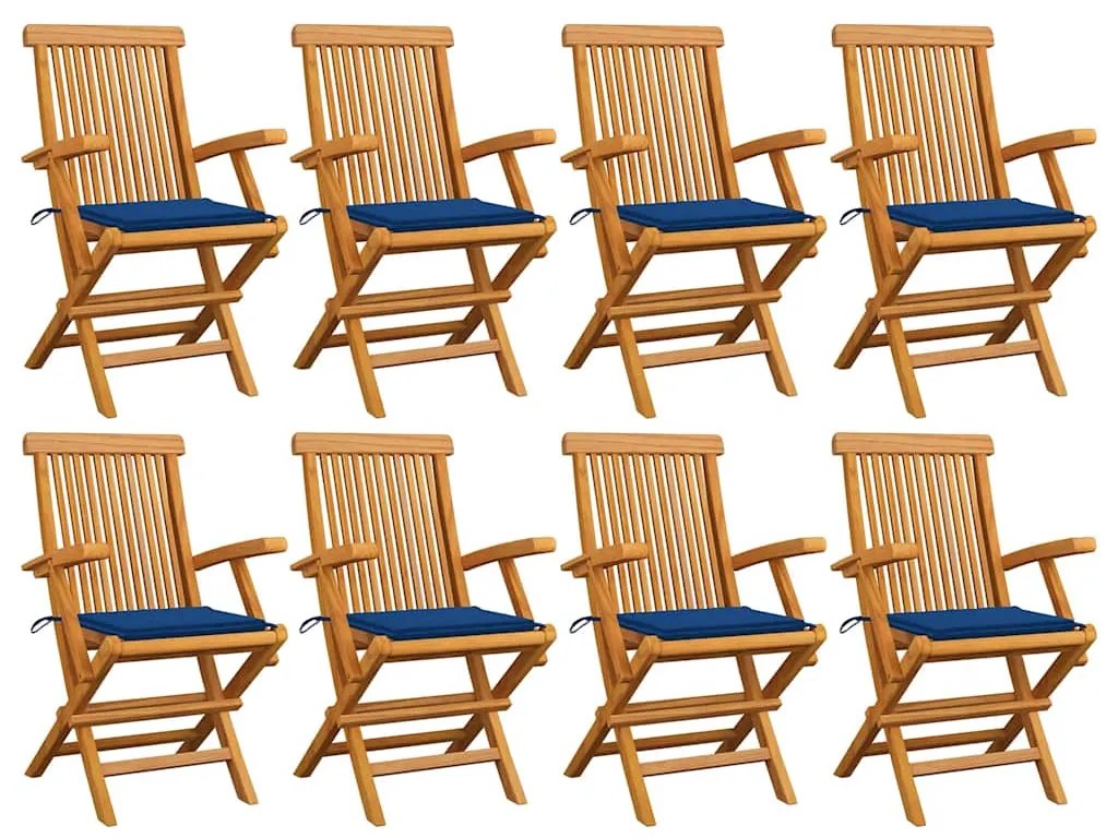 vidaXL Cadeiras de jardim c/ almofadões azul real 8 pcs teca maciça