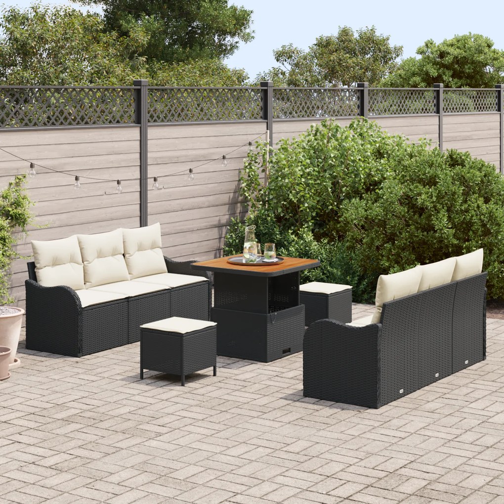 Conjunto de Sofá de Jardim de 9 Peças com Almofadas Preto Ratan Sintét