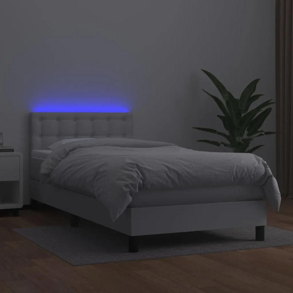 Cama box spring c/ colchão/LED 80x200cm couro artificial branco
