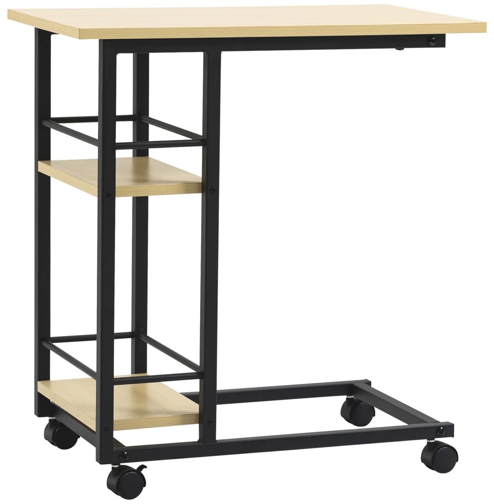 HOMCOM Mesa Auxiliar com Rodas Mesa Lateral em Forma de C para Sofá Cama com 2 Prateleiras 60x34,5x64,5cm Madeira | Aosom Portugal