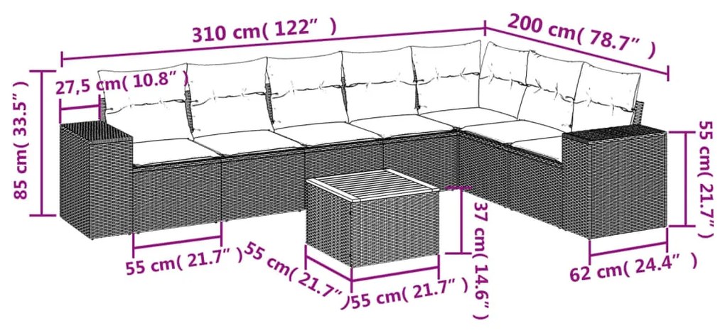 8 pcs conjunto sofás de jardim c/ almofadões vime PE cinzento