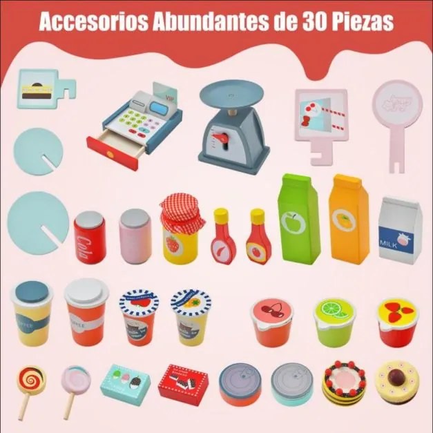 Carrinho brincar de comida e snacks para crianças 3+ anos com máquina POS Estante para bebidas Área de exposição Rodas