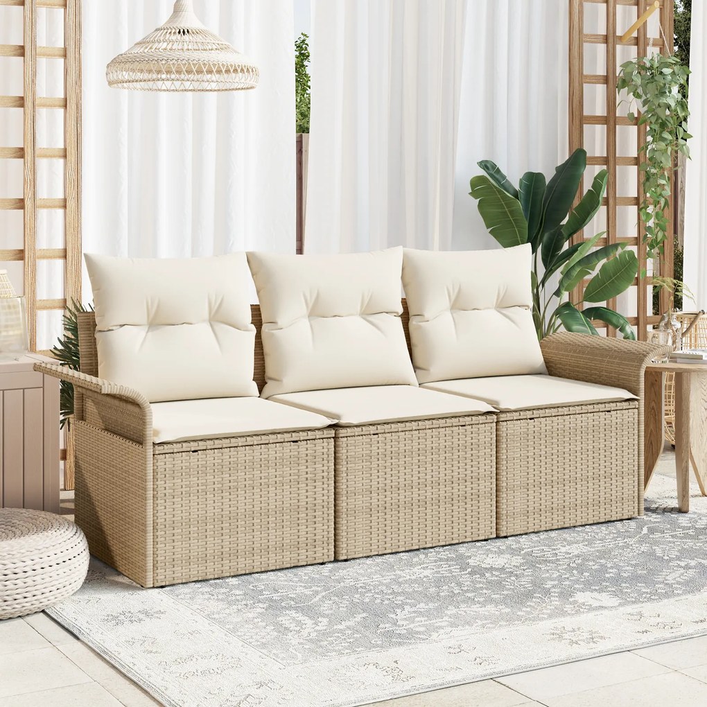 vidaXL Conjunto de Sofá de Jardim de 3 Peças com Almofadas - Vime Polirattan Bege