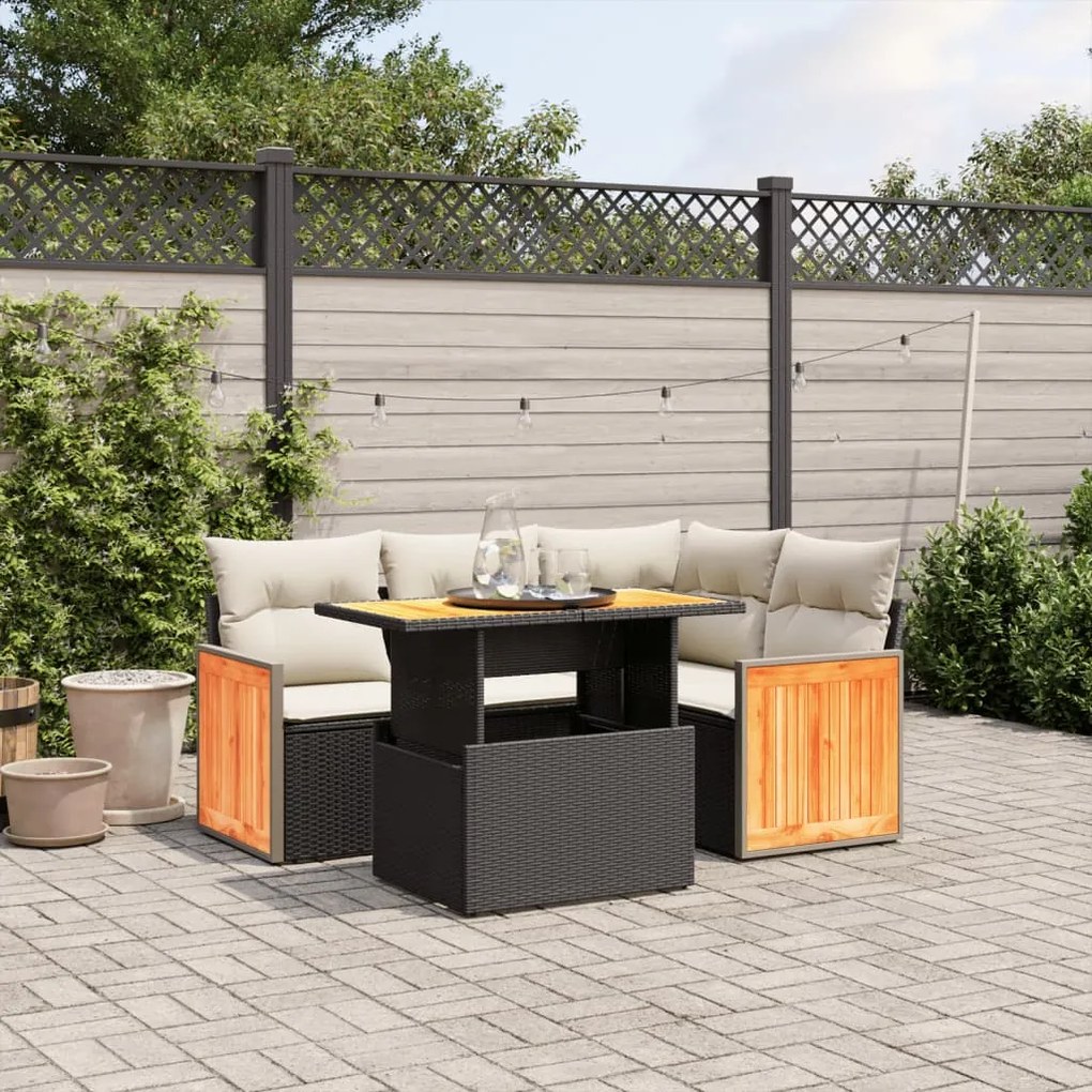 5 pcs conjunto sofás de jardim com almofadões vime PE preto
