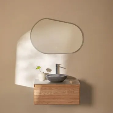 Conjunto De Móvel De Casa De Banho Suspenso Em Madeira De Freixo Tedrik Castanho Fresno & Cimento Cinzento Redondo Ø40 Cm Tarsis & Oval - Sklum