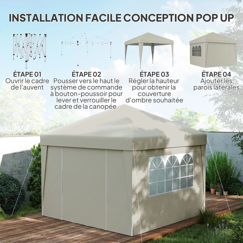 Tenda de jardim dobrável 3 x 3 x 2,75 m com proteção UV 30+ com janelas + laterais + saco de transporte creme