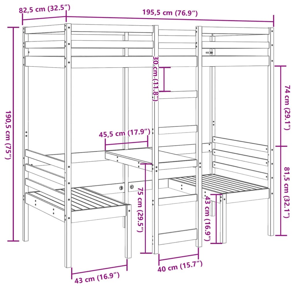 Cama alta com secretária e cadeiras 75x190 cm pinho maciço