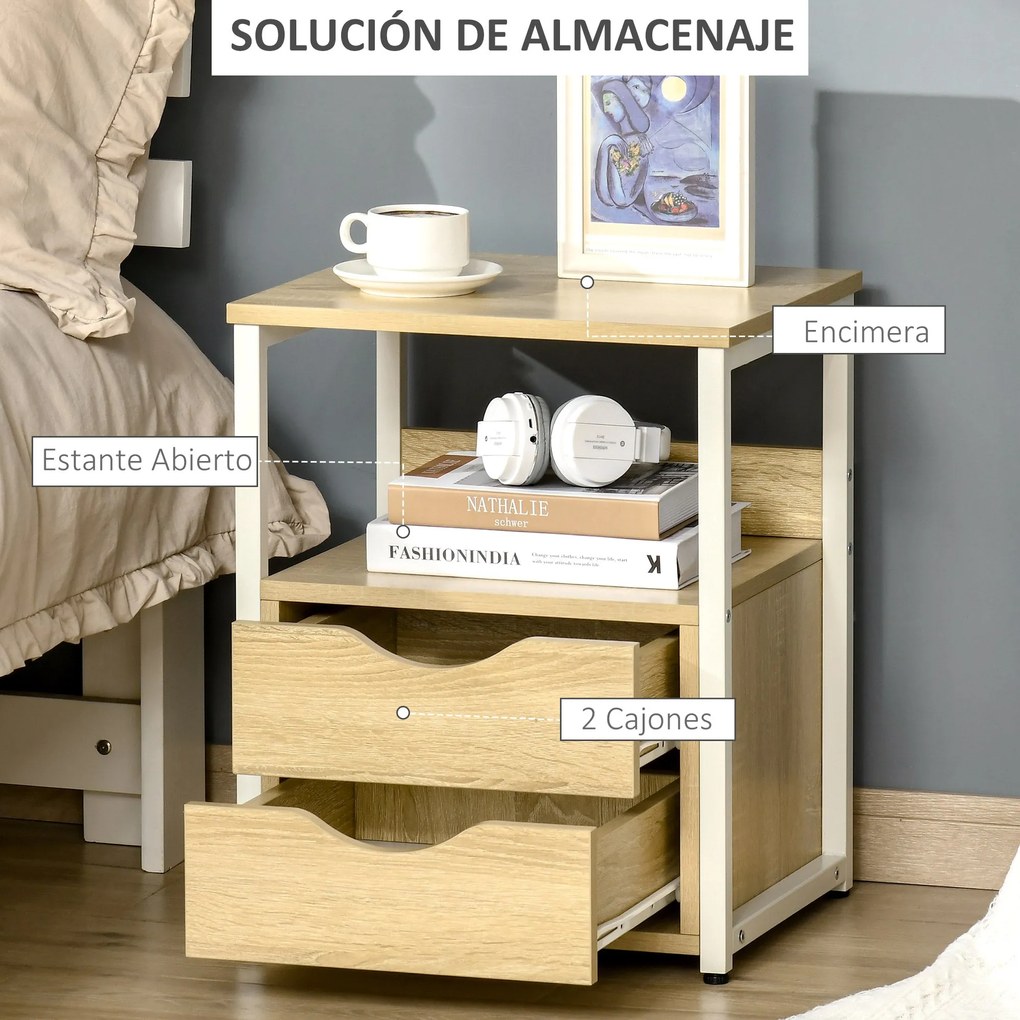 Mesa de Cabeceira com 2 Gavetas e Prateleira de Armazenamento Mesa Aux