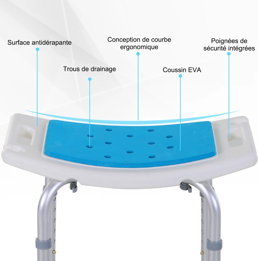 Assento de duche regulável em altura; banco de duche ergonómico; pés antiderrapantes; carga máxima de 135 kg; alumínio e HDPE; branco e azulFR