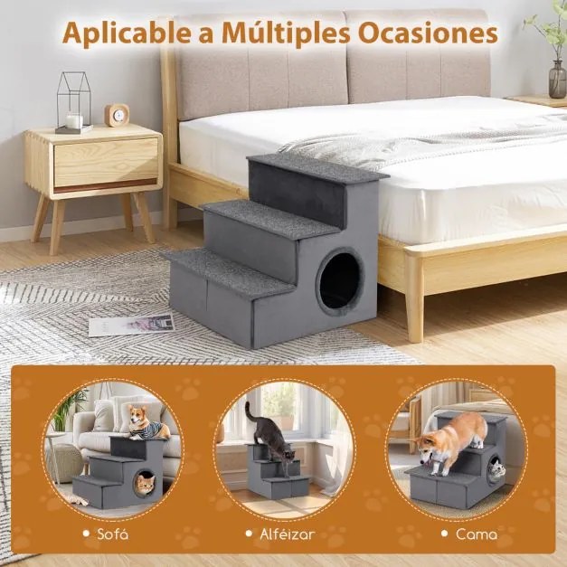 Escada para para cães e gatos para cama alta ou Sofá Rampa dobrável de 3 degraus com fundo antiderrapante Cinza