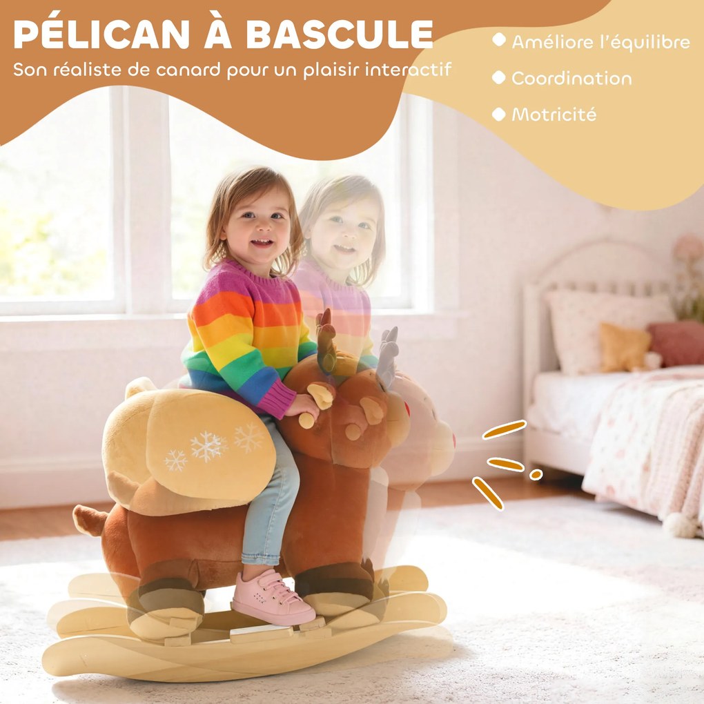 Cavalo de balanço para crianças, rena de brinquedo de balanço para bebés com canções de embalar, cinto de segurança, 65 x 32 x 55 cm, castanho