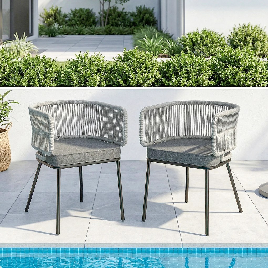Conjunto de 2 cadeirões de jardim, encosto e braços em corda de resina trançada, almofadas removíveis, 46 x 58 x 72 cm, cinzento claro