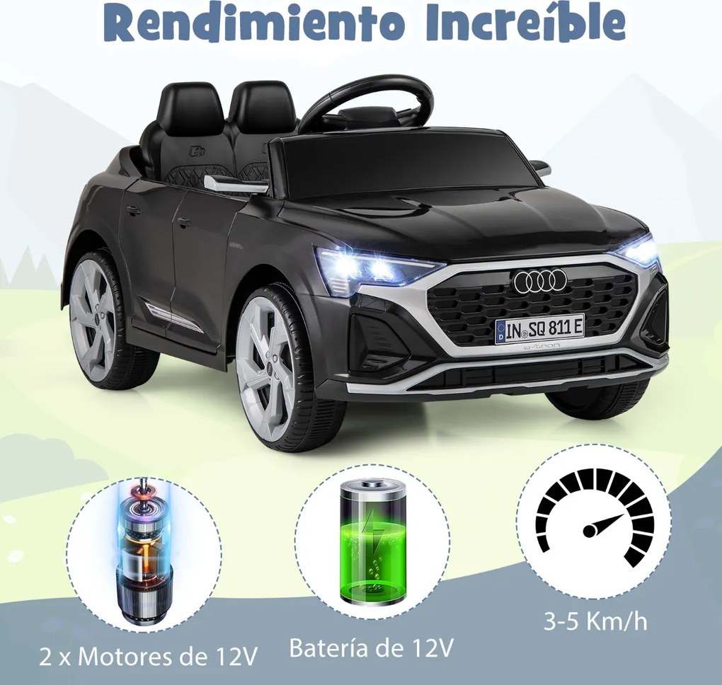 Carro elétrico para crianças Audi SQ8 licenciado de 12 V com controlo remoto Buzina Luzes LED Música 3 velocidades Arranque suave Preto