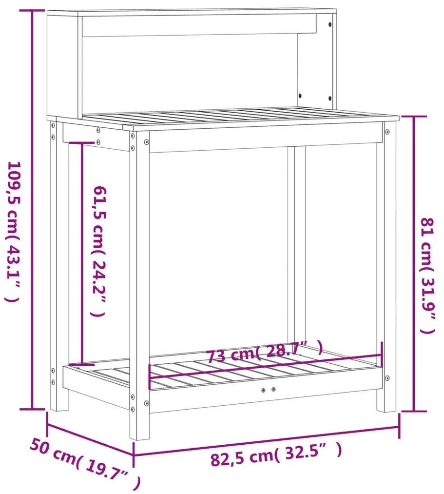 Mesa jardinagem c/ prateleiras 82,5x50x109,5cm pinho impregnado